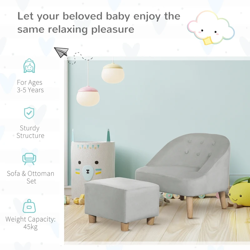 HOMCOM Toddler Chair, 2pcs Kids Sofa Set, Sofa & Ottoman for Bedroom, 3-5 years old, Grey