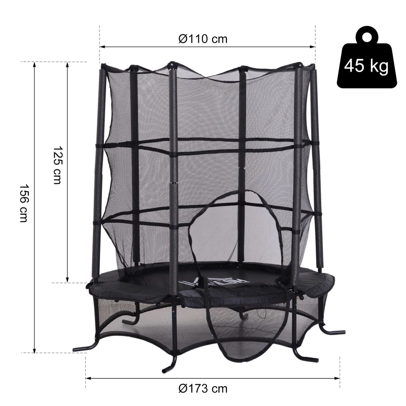 HOMCOM Trampolin für Kinder Gartentrampolin mit Sicherheitsnetz Randabdeckung Gummiseil gepolstert Stahl Schwarz Ø163 cm bis 45 kg