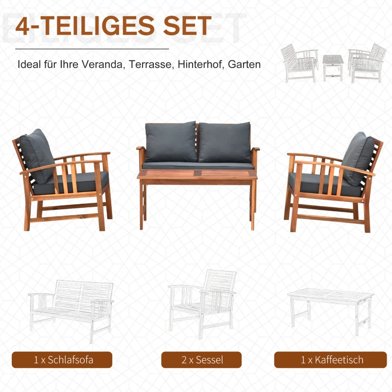 Outsunny 4er-Set Gartenmöbel Holz Sitzgruppe Garnitur Lounge mit Kissen Tisch Sessel Braun 3–4 Personen