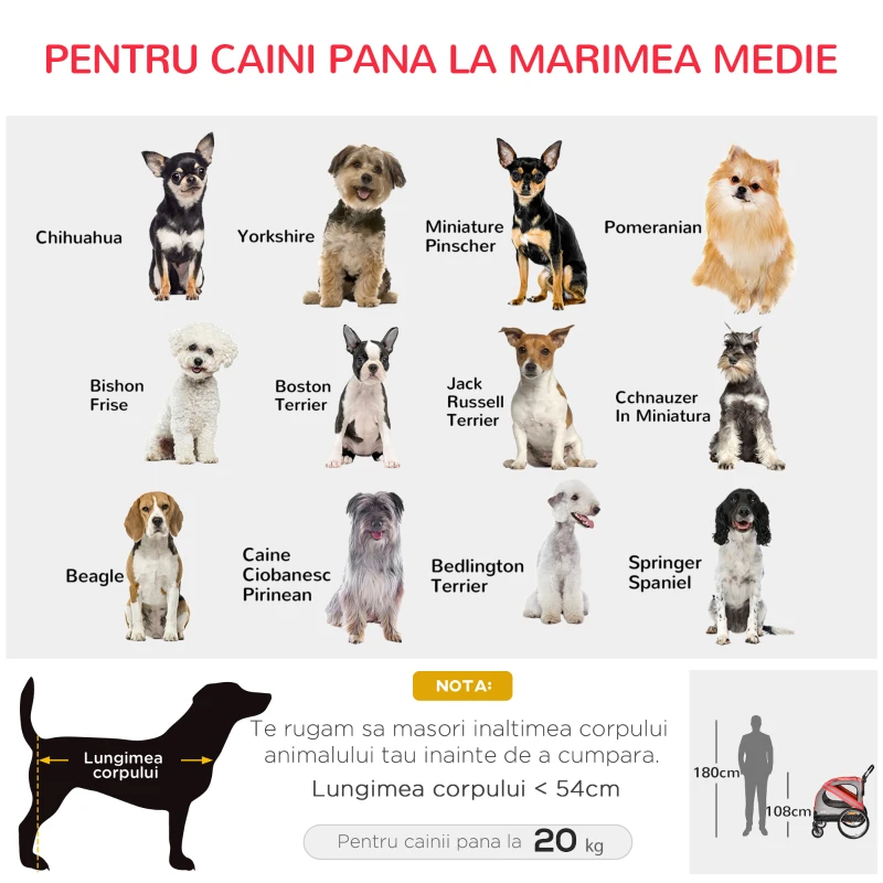 Remorca de bicicleta pentru caini PawHut 2-in-1 Carucior animal de companie Carucior bicicleta Atas de calatorie cu cadru de otel cu reflectoare universale de roti si steag rosu
