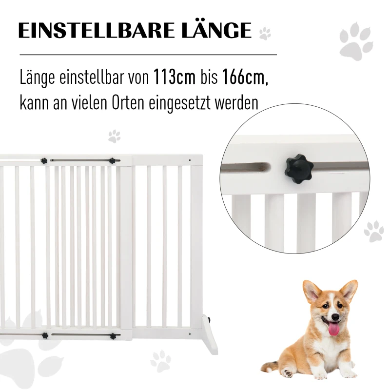 PawHut Türschutzgitter Hunde Absperrgitter Schutzgitter Hundegitter Hunde Barrieren Treppengitter Konfigurationsgitter Verstellbare Breite mit Tür Kiefernholz Weiß 71 x 113-166 cm