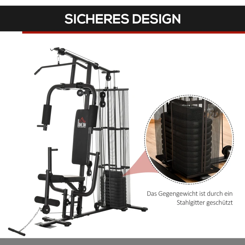 HOMCOM Gym Krachtstation Fitnessstation Multigym Fitnesscentrum Fitnessapparatuur incl. gewichten Latzug Beincurl Metaal PU-kunstleer zwart 150 x 110 x 210 cm