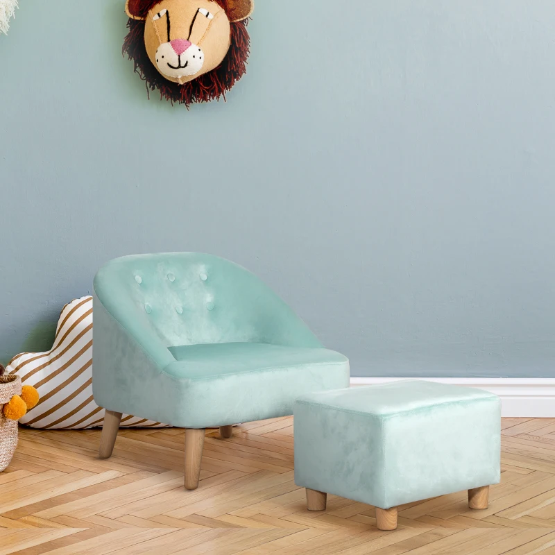 HOMCOM Toddler Chair, 2pcs Kids Sofa Set, Sofa & Ottoman for Bedroom, 3-5 years old, Blue