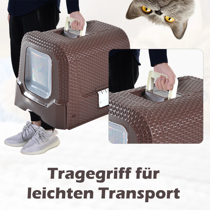 PawHut Katzentoilette mit ausziehbarer Schale, Katzenklo mit Schaufel, Tragbar, PP, Kaffee, 54 x 42 x 41 cm