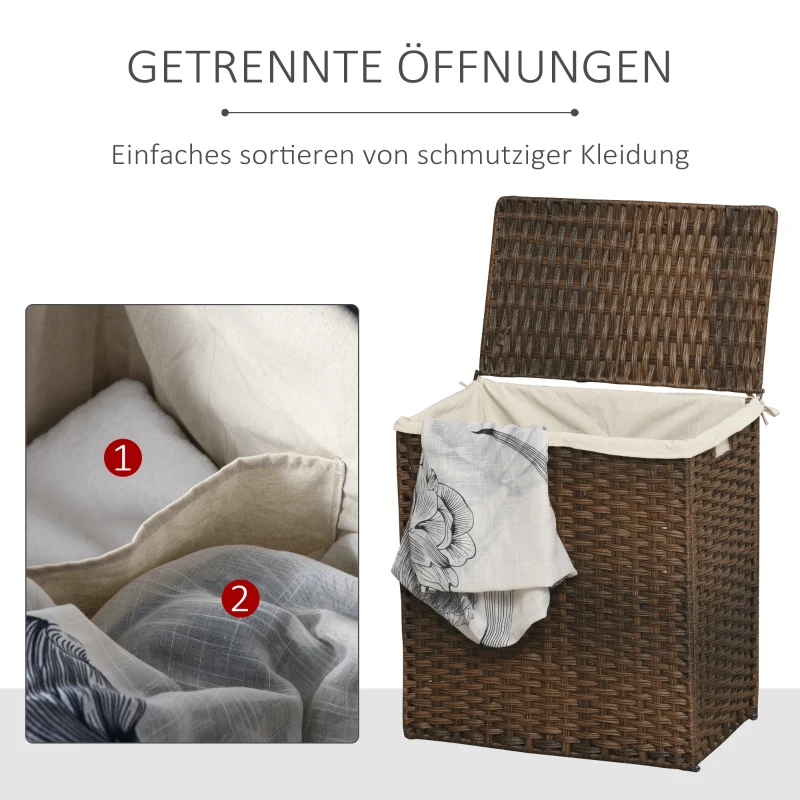 Outsunny Polyrattan Wäschekorb Wäschebox Wäschesammler mit Deckel Wäschesack Griffe faltbar Braun 57 x 34 x 60 cm