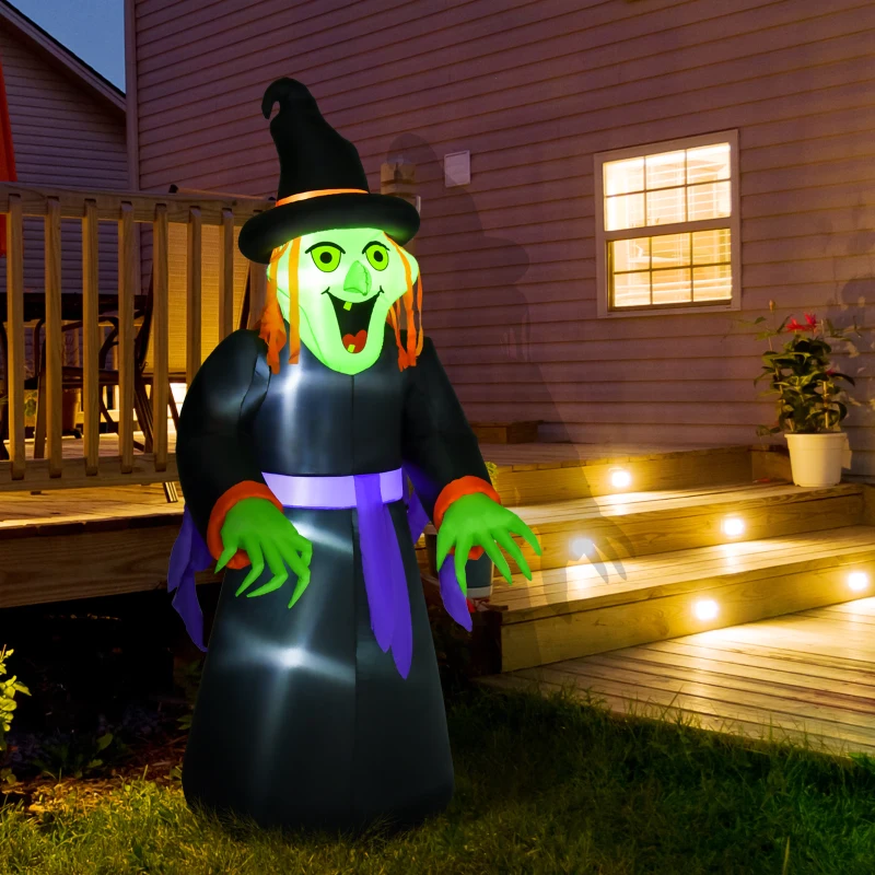 HOMCOM Aufblasbare Hexen Hexenkessel Figur Luftfigur Halloween Deko mit LED Beleuchtung Polyester Schwarz 100 x 100x 252 cm