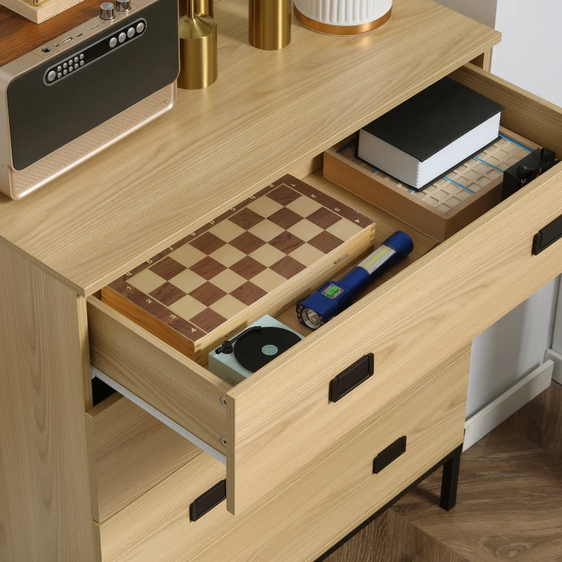 HOMCOM Commode 4 tiroirs meuble de rangement design industriel piètement métal noir 80 x 39 x 95 cm naturel