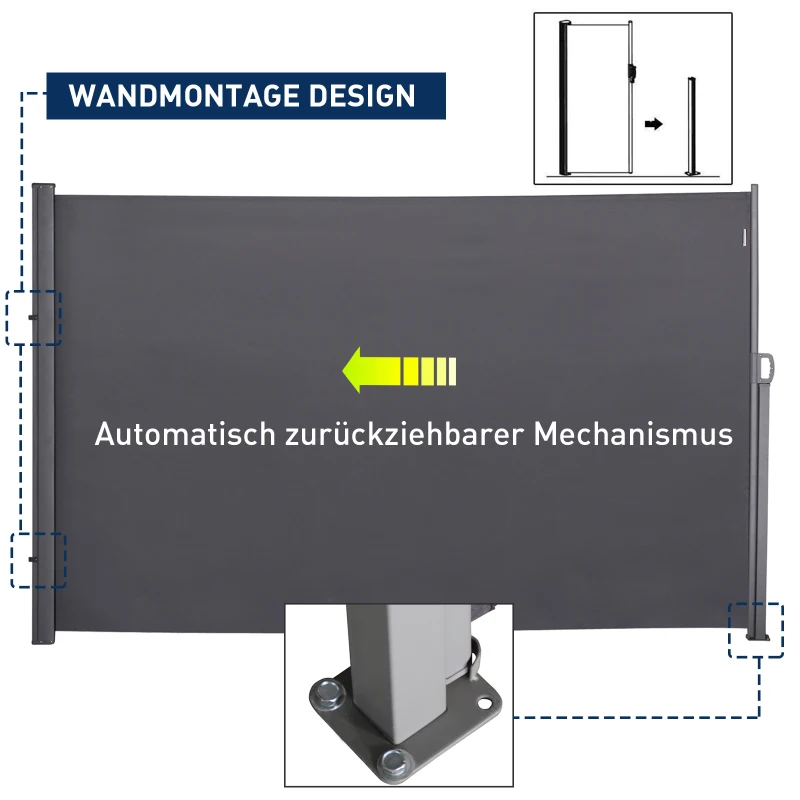 Outsunny Seitenmarkise, Sicht- und Sonnenschutz, Seitenrollo, Polyester, Grau, 3 x 1,8 m
