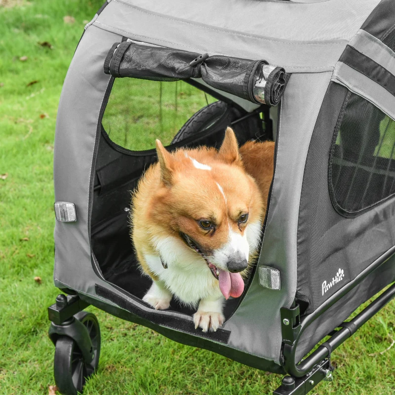 PawHut Carucior pentru animale de companie 2-in-1 Atasament pentru transportul de biciclete cu cadru de otel cu reflectoare universale pentru roti Steag gri