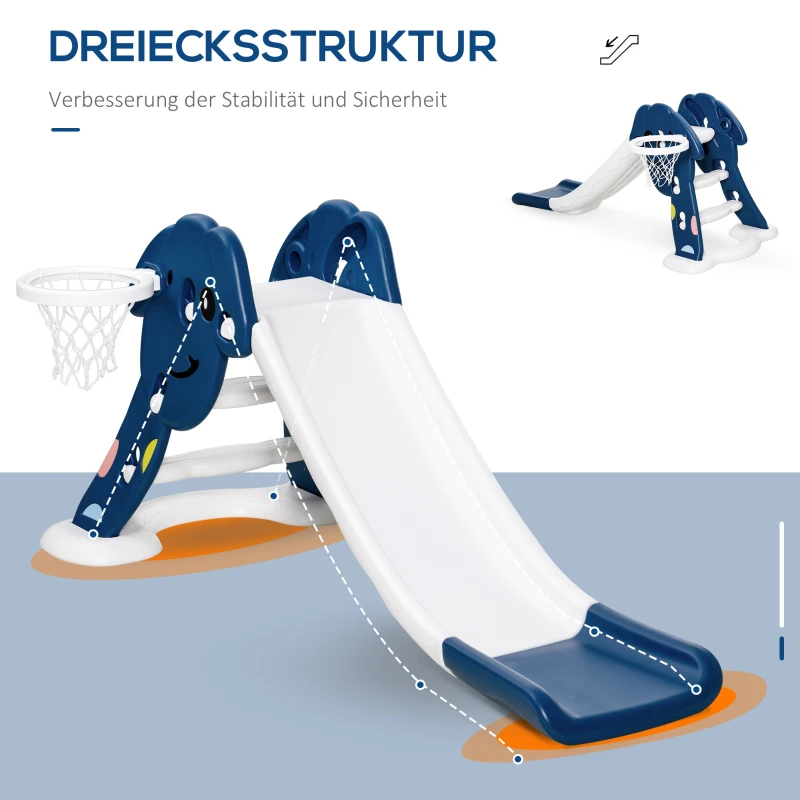 HOMCOM Kinderrutsche Baby Rutsche mit Sicherheitsdreieck-Design Indoor oder Outdoor strukturierten Stufen und seitlichem Basketballkorb Blau+Weiß 146 x 68 x 68 cm