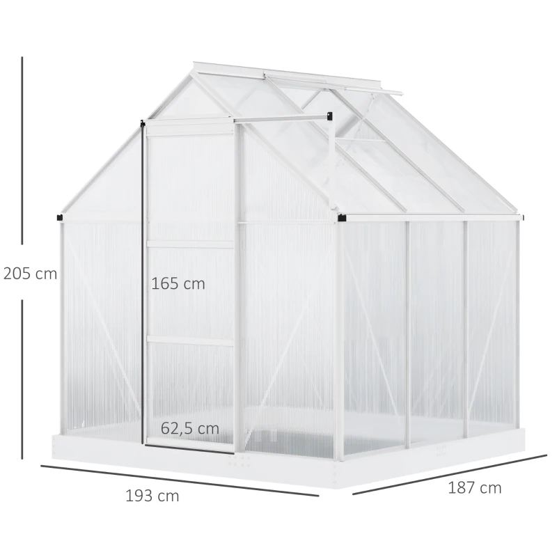 Outsunny 6 x 6 FT Walk-In Greenhouse Polycarbonate Panels Aluminium Frame w/ Sliding Door Adjustable Window 3.6㎡ Inner Area Plant Vegetable Flower Grow Green House Protection