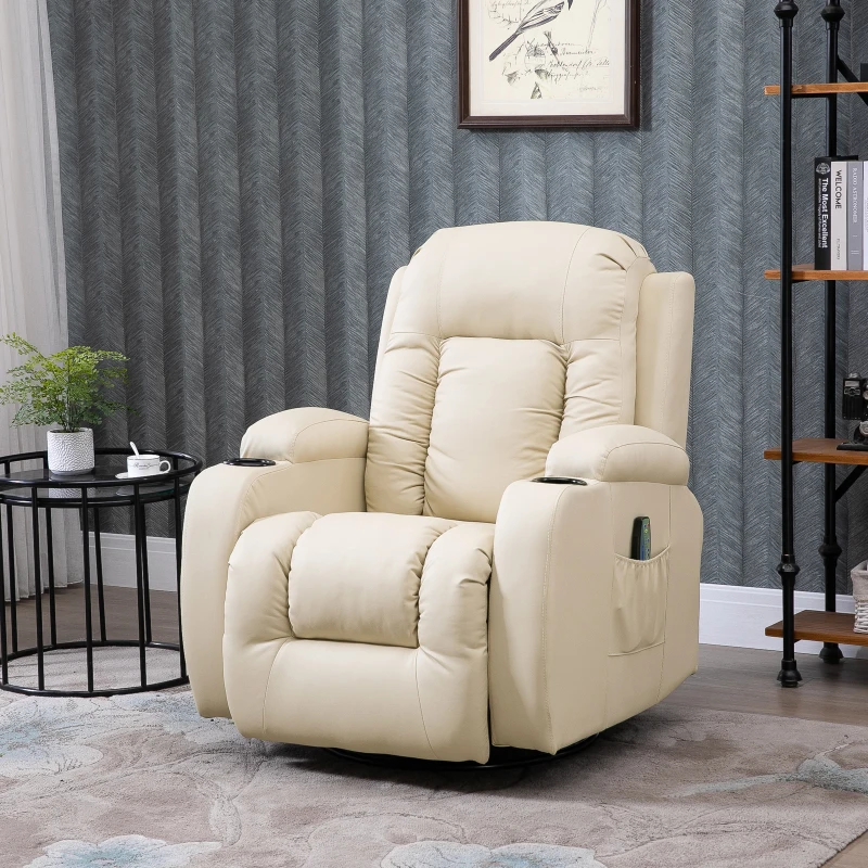 HOMCOM Massagesessel Fernsehsessel Relaxsessel TV Sessel Wärmefunktion Wippenfunktion mit Fernbedienung Liegefunktion und  Getränkehaltern Creme