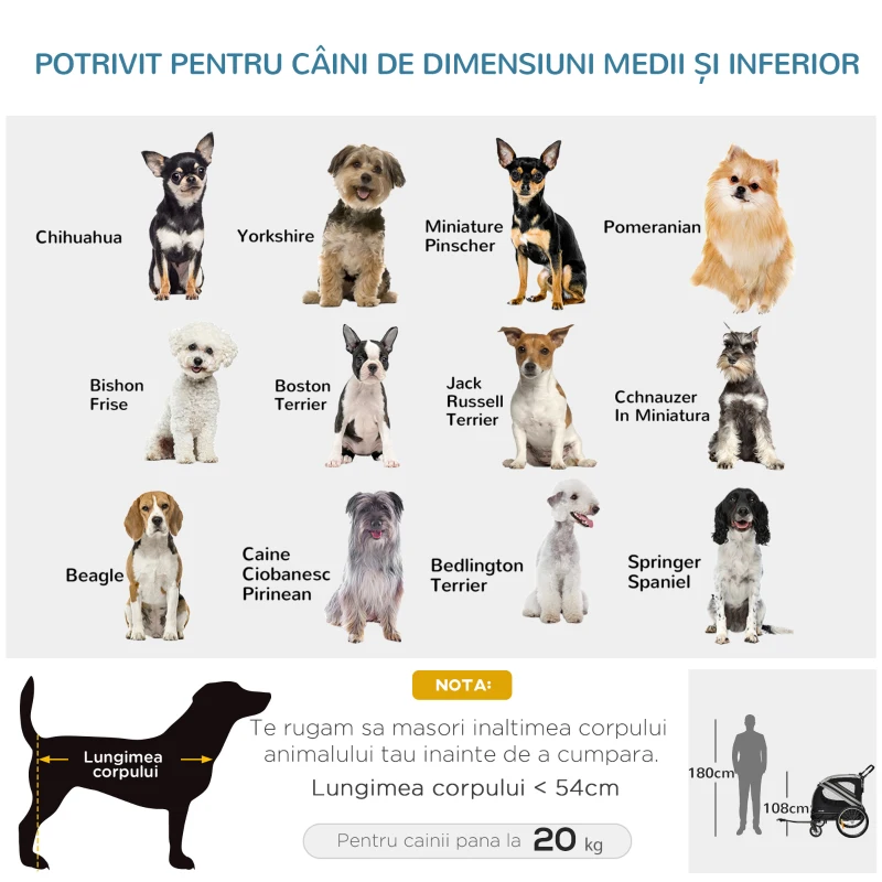 PawHut Carucior pentru animale de companie 2-in-1 Atasament pentru transportul de biciclete cu cadru de otel cu reflectoare universale pentru roti Steag gri