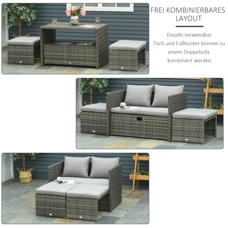 Outsunny 3-in-1 Rattan Lounge Set Doppelsofa Gartentisch mit 2 Hocker Liegesessel Loungegruppe multifunktion kombinierbar Stahl Grau