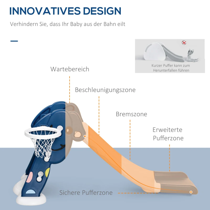 HOMCOM Kinderrutsche Baby Rutsche mit Sicherheitsdreieck-Design Indoor oder Outdoor strukturierten Stufen und seitlichem Basketballkorb Blau+Weiß 146 x 68 x 68 cm