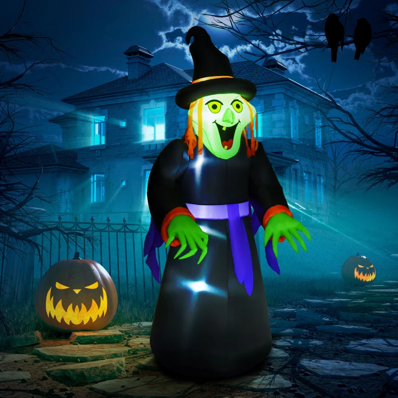 HOMCOM Aufblasbare Hexen Hexenkessel Figur Luftfigur Halloween Deko mit LED Beleuchtung Polyester Schwarz 100 x 100x 252 cm