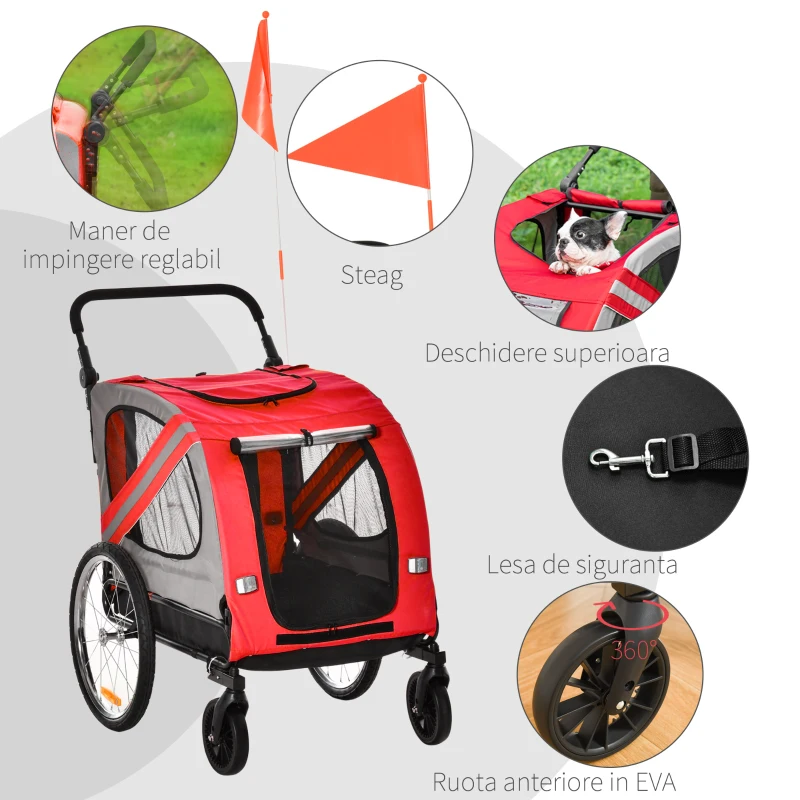 Remorca de bicicleta pentru caini PawHut 2-in-1 Carucior animal de companie Carucior bicicleta Atas de calatorie cu cadru de otel cu reflectoare universale de roti si steag rosu