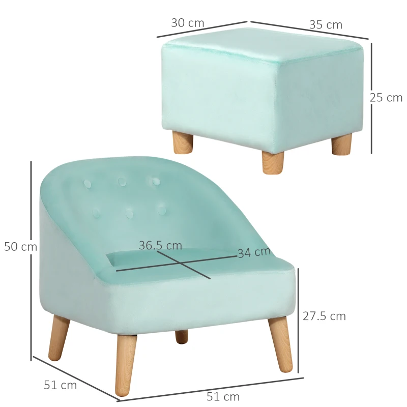 HOMCOM Toddler Chair, 2pcs Kids Sofa Set, Sofa & Ottoman for Bedroom, 3-5 years old, Blue