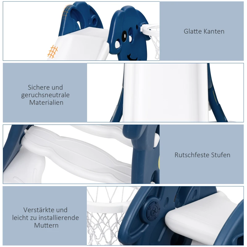 HOMCOM Kinderrutsche Baby Rutsche mit Sicherheitsdreieck-Design Indoor oder Outdoor strukturierten Stufen und seitlichem Basketballkorb Blau+Weiß 146 x 68 x 68 cm
