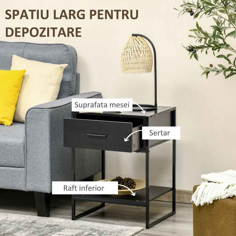 Noptiera moderna HOMCOM, dulap de noptiera cu raft cu sertar, dulap de depozitare pentru dormitor, sufragerie, negru