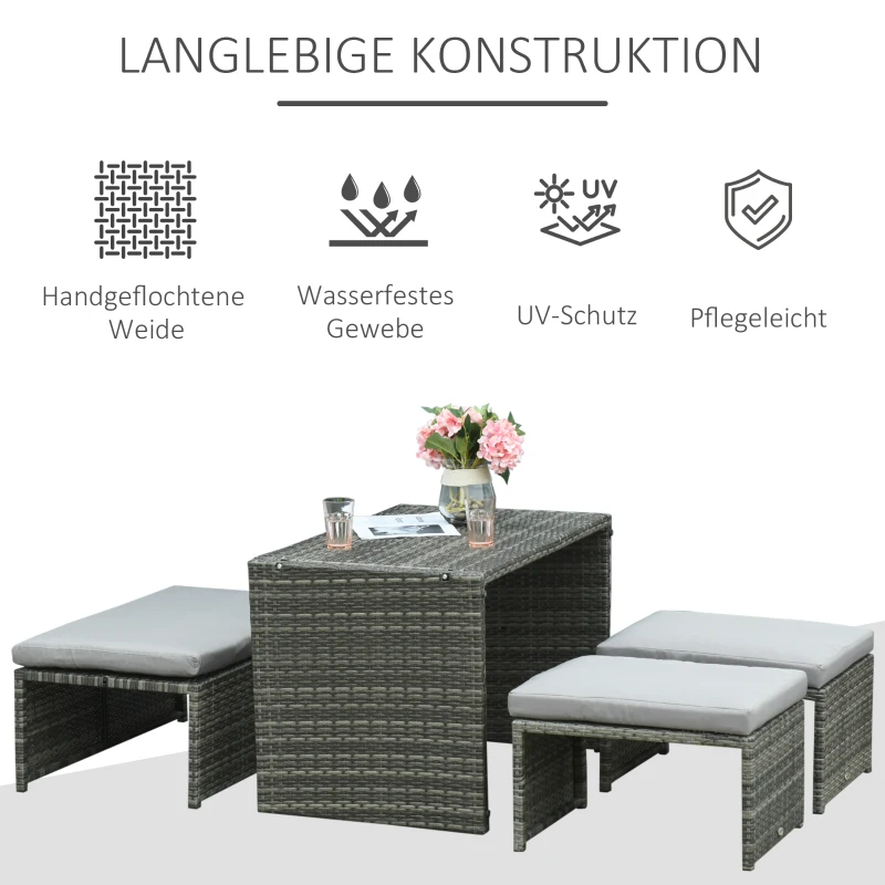 Outsunny 3-in-1 Rattan Lounge Set Doppelsofa Gartentisch mit 2 Hocker Liegesessel Loungegruppe multifunktion kombinierbar Stahl Grau