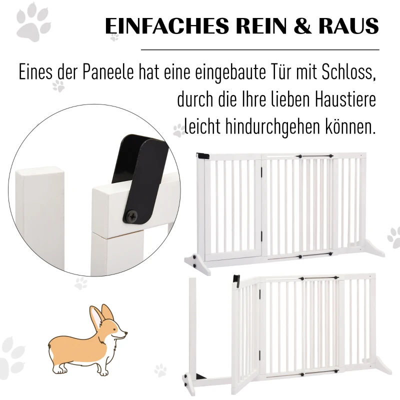 PawHut Türschutzgitter Hunde Absperrgitter Schutzgitter Hundegitter Hunde Barrieren Treppengitter Konfigurationsgitter Verstellbare Breite mit Tür Kiefernholz Weiß 71 x 113-166 cm