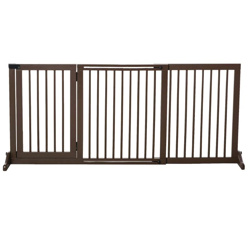 PawHut Absperrgitter Hunde Türschutzgitter Schutzgitter aus Holz Freistehendes Hundegitter mit Tür Hundeabsperrgitter Konfigurationsgitter für Kamin & Ofen Braun 113-166 x 36 x 71 cm