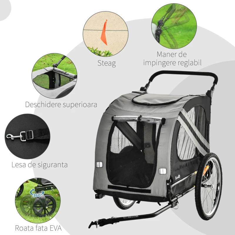 PawHut Carucior pentru animale de companie 2-in-1 Atasament pentru transportul de biciclete cu cadru de otel cu reflectoare universale pentru roti Steag gri