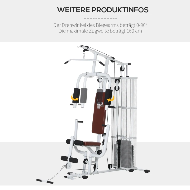 HOMCOM Gym Kraftstation Fitnessstation Multigym Fitnesscenter Fitnessgerät inkl. Gewichten Latzug Beincurl  Metall PU-Kunstleder Weiß 150 x 110 x 210 cm
