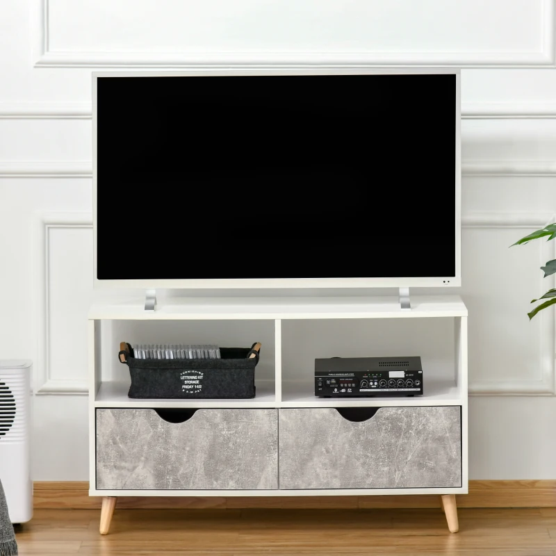 HOMCOM TV Unit for TVs up to 42", TV Stand Cabinet with 2 Open Shelves, 2 Drawers and Wooden Legs, Modern Entertainment Unit for Living Room, Grey