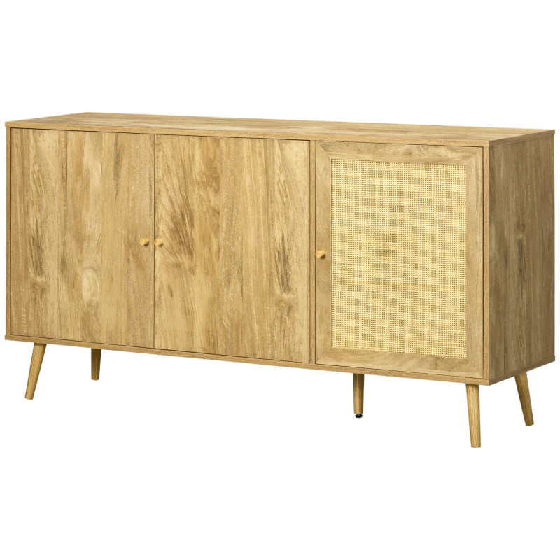 HOMCOM Buffet de rangement placard de cuisine commode 3 portes avec étagères porte cannage style bohème - 150 x 39,5 x 79 cm