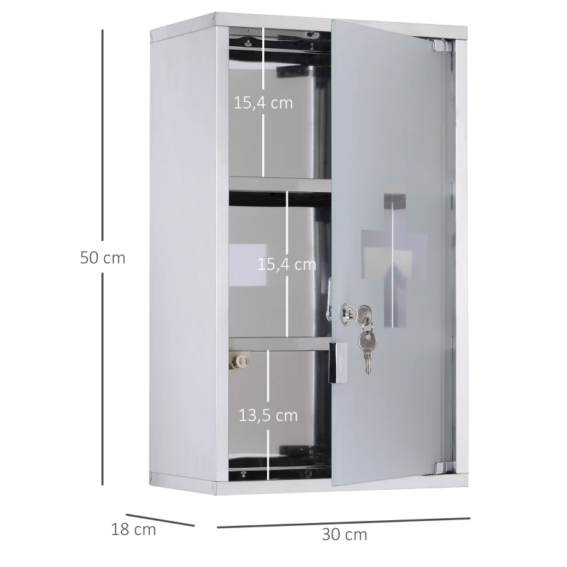 HOMCOM dulapior medicamente din inox, 50x30x18cm, argintiu