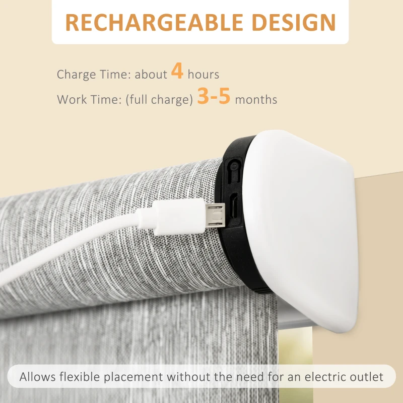 HOMCOM WiFi Smart Roller Blinds Work with TUYA App, Window Shade with Rechargeable Battery, Electric Shades Blind Easy Fit Home Office Living Room Bathroom Kitchen, Grey, 120cm x 180cm