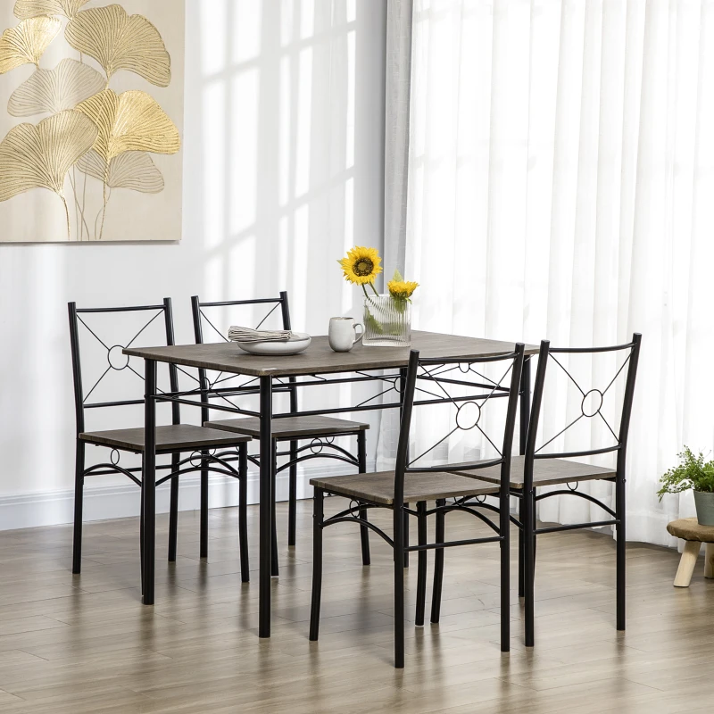 HOMCOM Set de masa pentru 4 persoane, set de masa si scaune de bucatarie 5 piese, masa de masa cu cadru metalic, maro rustic