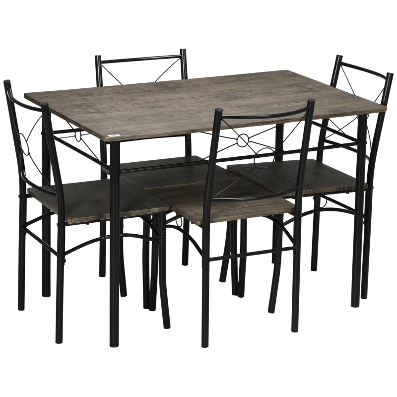 HOMCOM Set de masa pentru 4 persoane, set de masa si scaune de bucatarie 5 piese, masa de masa cu cadru metalic, maro rustic
