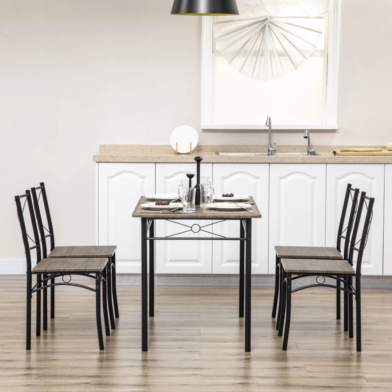 HOMCOM Set de masa pentru 4 persoane, set de masa si scaune de bucatarie 5 piese, masa de masa cu cadru metalic, maro rustic