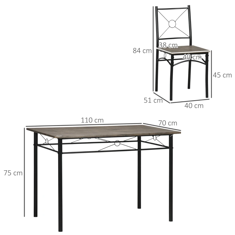 HOMCOM Set de masa pentru 4 persoane, set de masa si scaune de bucatarie 5 piese, masa de masa cu cadru metalic, maro rustic