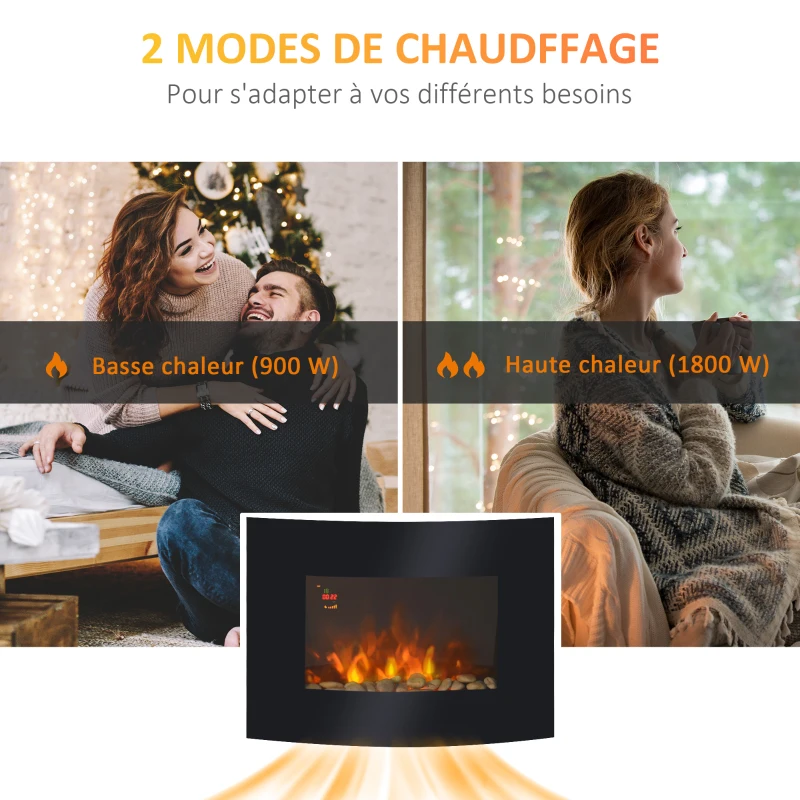 HOMCOM Cheminée électrique Murale éclairages latéraux LED Design Avant-gardiste Affichage LED avec télécommande et minuterie 900/1800 W luminosité réglable Noir