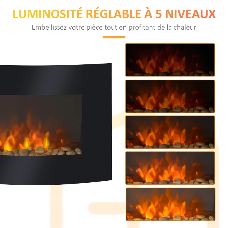 HOMCOM Cheminée électrique Murale éclairages latéraux LED Design Avant-gardiste Affichage LED avec télécommande et minuterie 900/1800 W luminosité réglable Noir