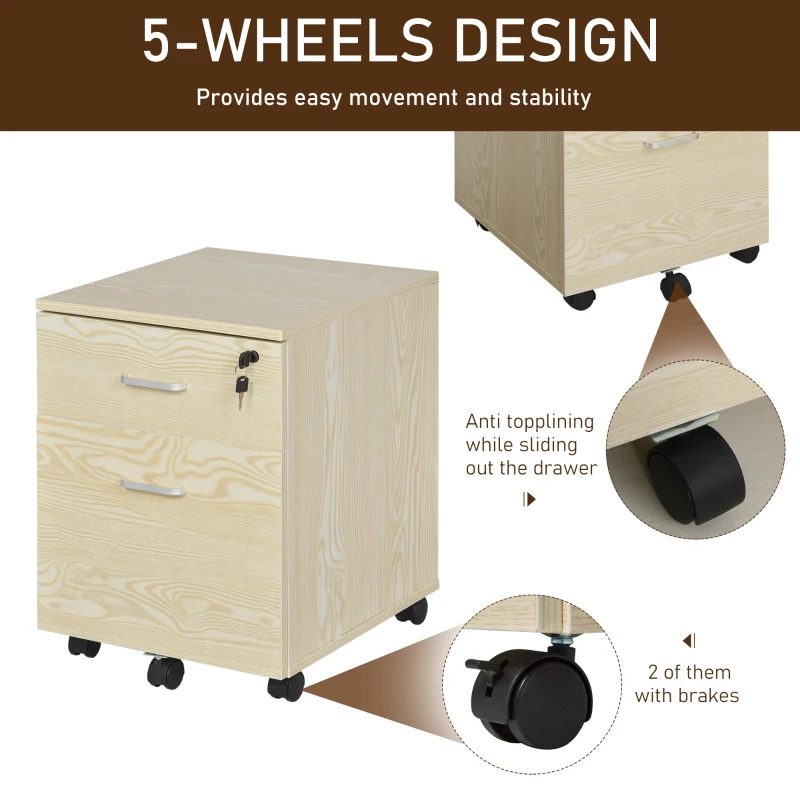 Vinsetto 2-Drawer Locking Office Filing Cabinet w/ 5 Wheels Rolling Storage Hanging Legal Letter Files Cupboard Home Organisation Oak Wood Grain