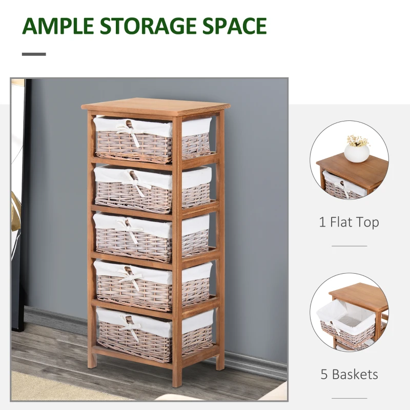 HOMCOM 5 Drawer Dresser Wicker Basket Storage Shelf Unit Wooden Frame Home Organisation Cabinet Bedroom Office Furniture Natural Finish