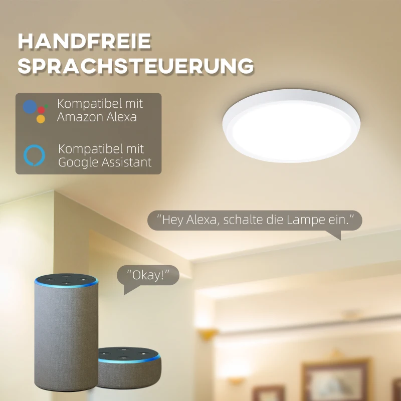 HOMCOM Deckenleuchte, Smart, LED, App- und Sprachsteuerung, Fernbedienung, Timer, viele Farben, Ø30 x 3,2cm