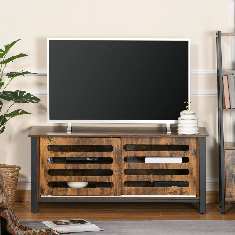 HOMCOM Industrial TV Stand Media Console Table Unit Cabinet Steel Frame Sliding Doors