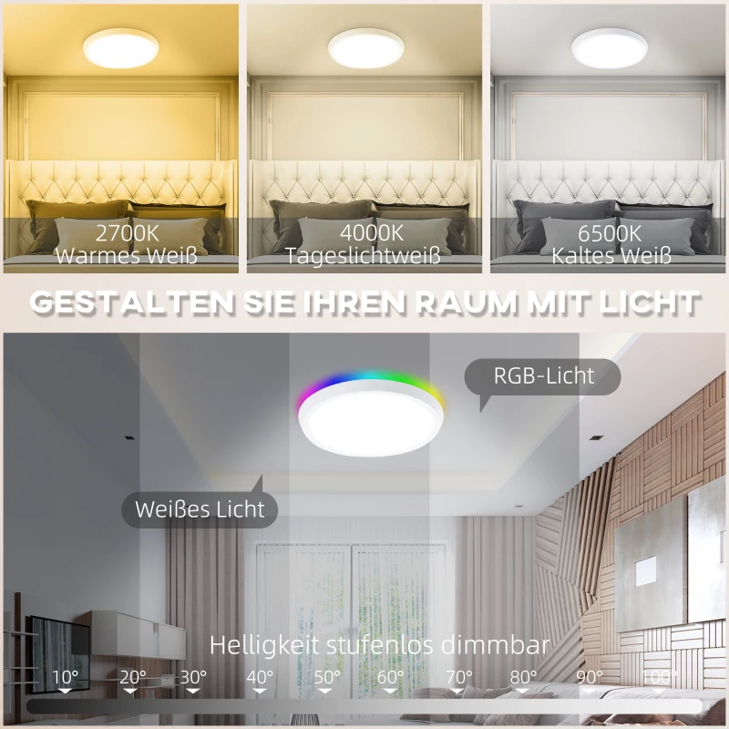 HOMCOM Deckenleuchte, Smart, LED, App- und Sprachsteuerung, Fernbedienung, Timer, viele Farben, Ø30 x 3,2cm
