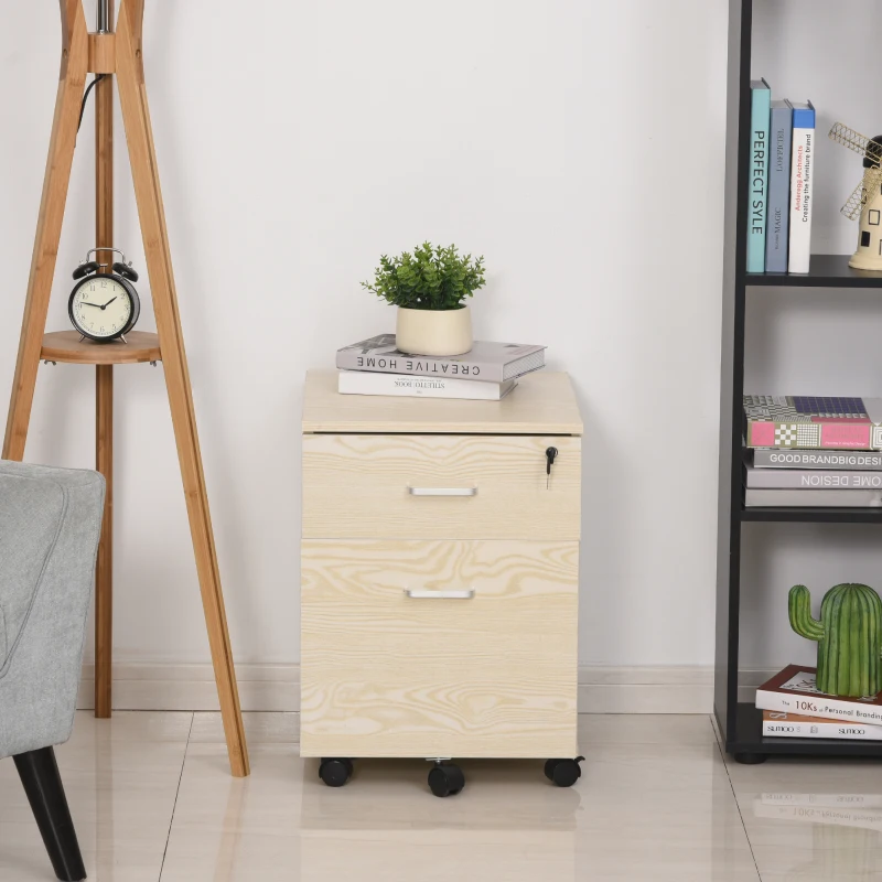 Vinsetto 2-Drawer Locking Office Filing Cabinet w/ 5 Wheels Rolling Storage Hanging Legal Letter Files Cupboard Home Organisation Oak Wood Grain