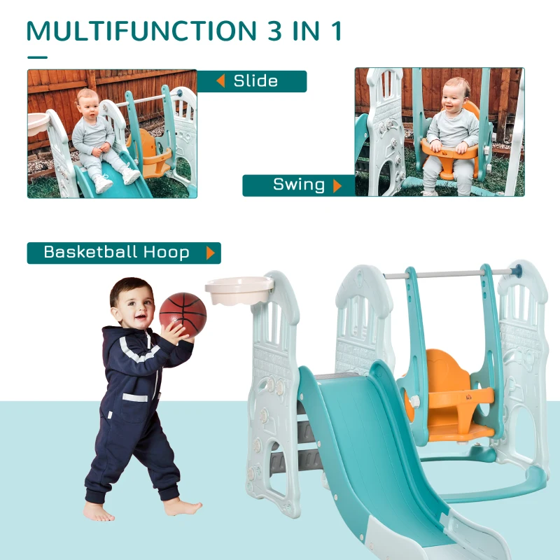 HOMCOM 3 in 1 Kids Slide and Swing Set Playset Activity Center with Basketball Hoop Adjustable Height Water-fillable Base Climber Indoor Outdoor Exercise Toy