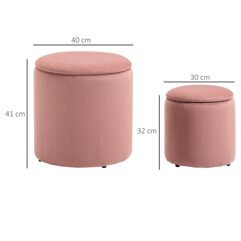 HOMCOM Hocker Ottomane, Zweier-Set, mit Stauraum, weiche Polsterung, Bezug in Cordoptik, Rosa, 40 x 40 x 41cm