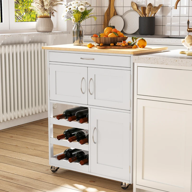 HOMCOM Modern Kitchen Trolley, Rolling Island Storage Cart with Drawer, 9-bottle Wine Rack, Door Cabinets, Wooden Countertop, White