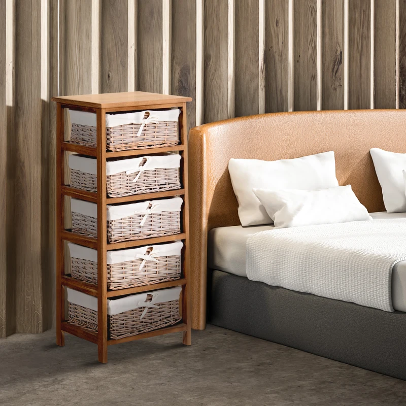 HOMCOM 5 Drawer Dresser Wicker Basket Storage Shelf Unit Wooden Frame Home Organisation Cabinet Bedroom Office Furniture Natural Finish