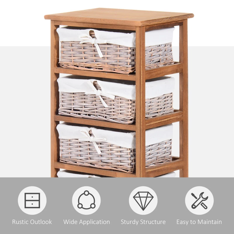 HOMCOM 5 Drawer Dresser Wicker Basket Storage Shelf Unit Wooden Frame Home Organisation Cabinet Bedroom Office Furniture Natural Finish